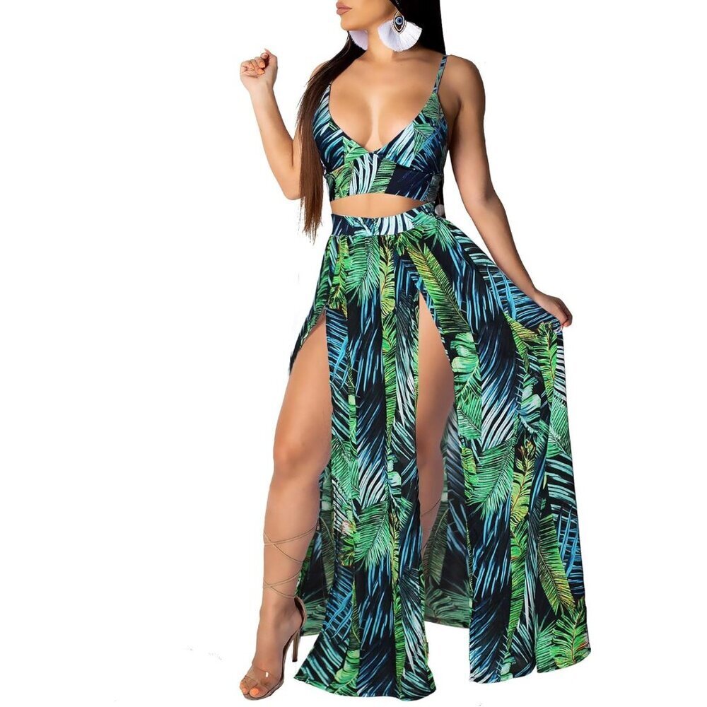 Women's Bohemian Chiffon 2 Piece Set Crop Cami Top & Maxi Dress Large - Picture 2 of 6